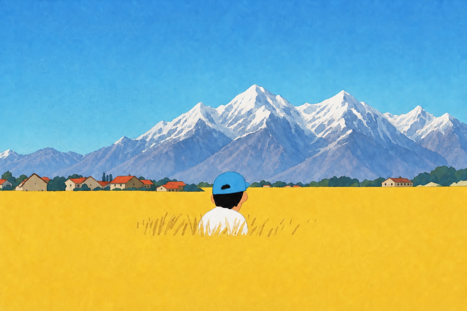 Painted illustration: a boy in a blue cap sits in a golden field, looking toward snow-capped mountains above a small village.